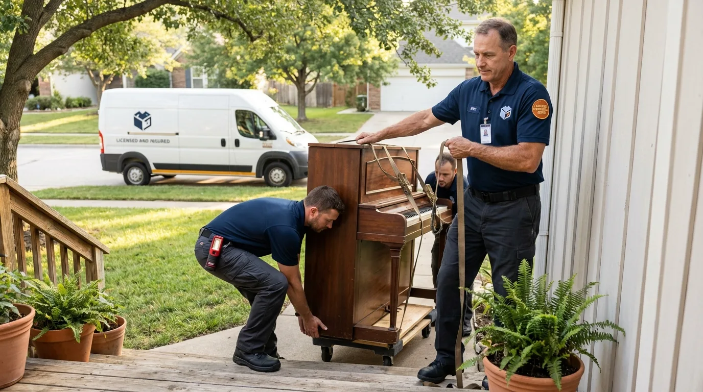 Licensed piano movers securing grand piano in Carpinteria, CA
