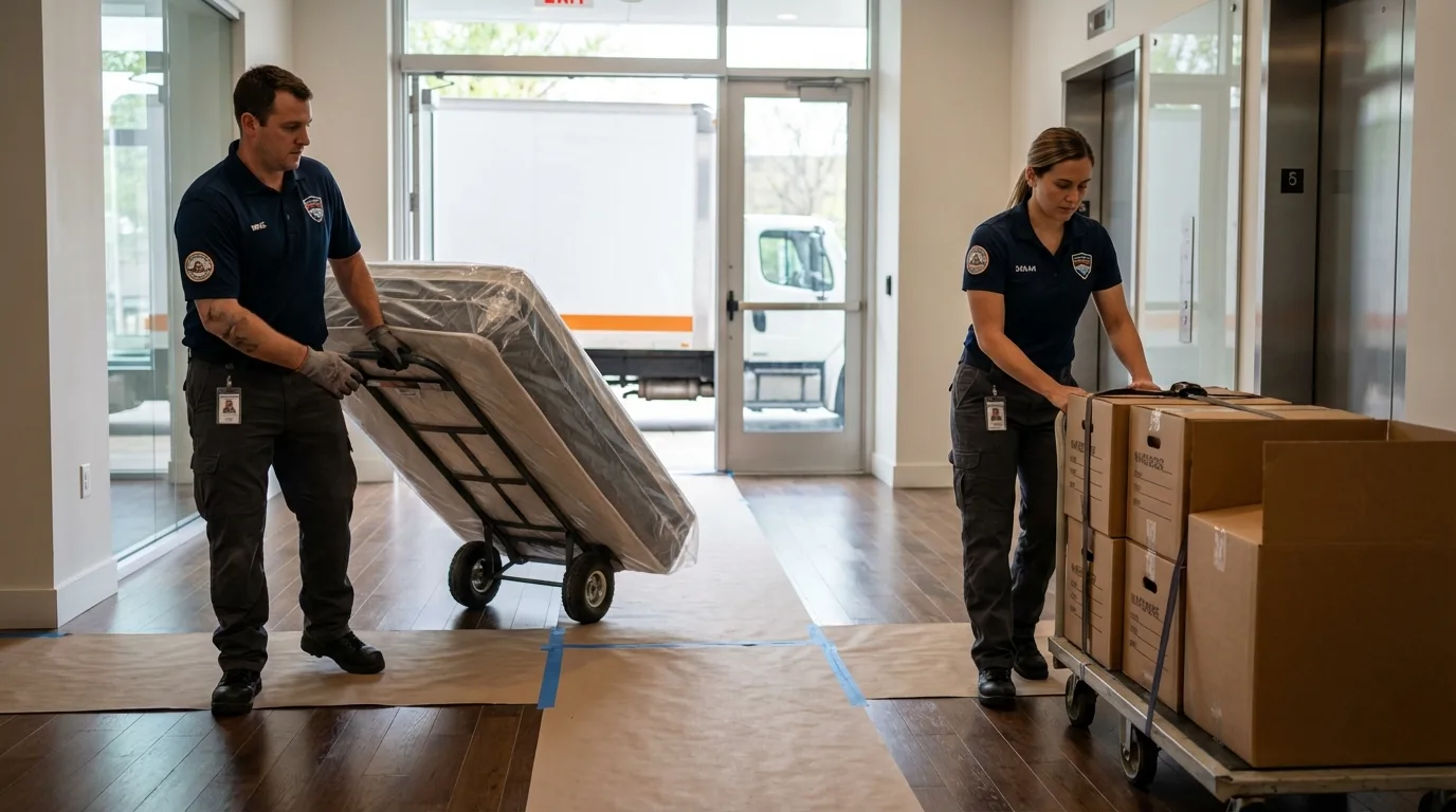 Professional apartment movers loading elevator in Carpinteria, CA
